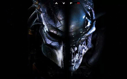 A high-definition desktop wallpaper featuring a split image of the Predator and Alien from the movie Aliens vs. Predator: Requiem, with a dark, intense aesthetic.