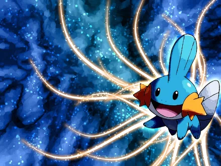 HD desktop wallpaper featuring Mudkip from the Pokémon video game series, set against a vibrant background of blue and glowing light trails.