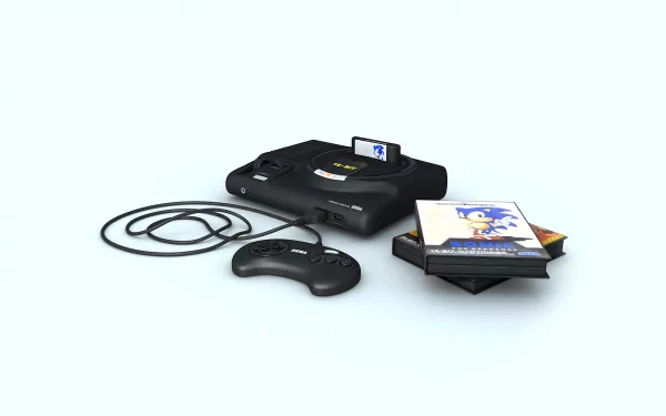 A nostalgic Sega gaming console with a controller and game cartridges, set against a clean background, captures the essence of classic video gaming in this HD PC desktop wallpaper.