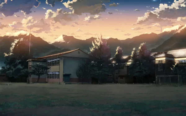 HD anime desktop wallpaper from The Place Promised In Our Early Days, featuring a scenic mountain landscape with dramatic sky and clouds at sunset.