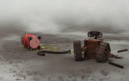 HD PC desktop wallpaper featuring Wall·E, the robot from the movie, sitting beside a red fire extinguisher on a gray, dusty surface under a cloudy sky.