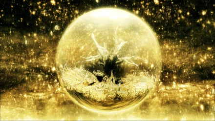 A captivating HD wallpaper from the movie The Fountain, featuring a mystical tree encased in a glowing orb, surrounded by shimmering golden light and ethereal textures.
