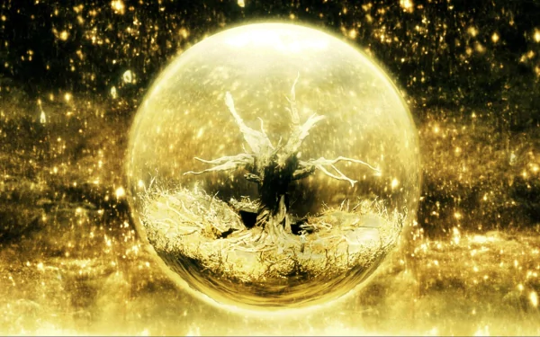 A captivating HD wallpaper from the movie The Fountain, featuring a mystical tree encased in a glowing orb, surrounded by shimmering golden light and ethereal textures.