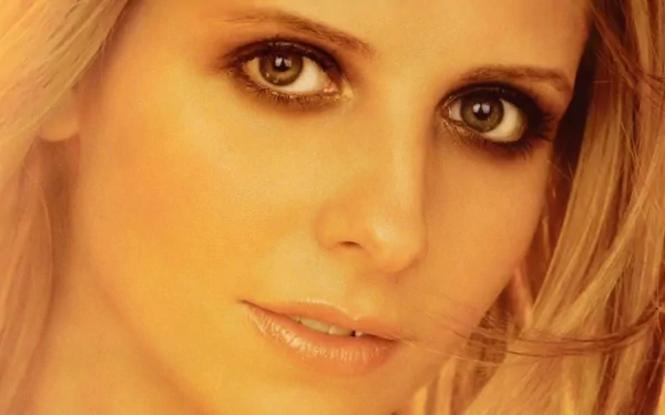 HD desktop wallpaper featuring Sarah Michelle Gellar, showcasing her captivating eyes and radiant beauty against a warm, golden backdrop.