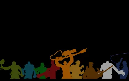 A vibrant HD desktop wallpaper featuring silhouettes of characters from the video game Team Fortress 2 against a black background.