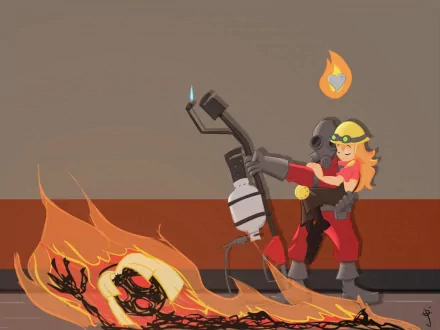 A vibrant HD desktop wallpaper featuring characters from Team Fortress 2, showcasing a fiery scene with intense action and dynamic colors.