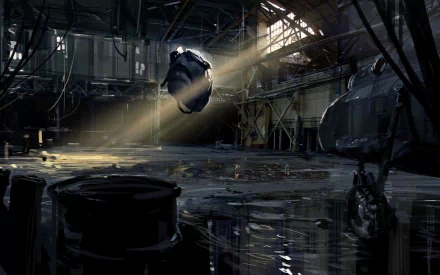 HD desktop wallpaper from the video game Half-Life, featuring a dark industrial setting with rays of light illuminating a floating object.