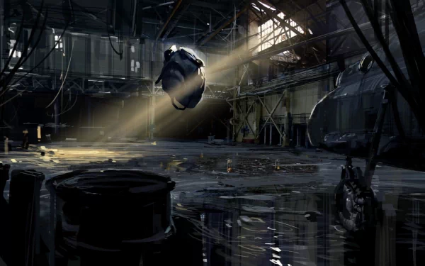 HD desktop wallpaper from the video game Half-Life, featuring a dark industrial setting with rays of light illuminating a floating object.
