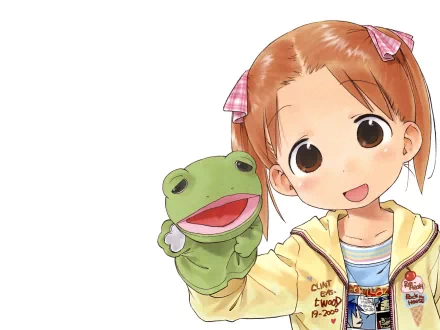 HD desktop wallpaper featuring a character from the anime Ichigo Mashimaro (Strawberry Marshmallow), a girl with brown hair in pigtails holding a green frog puppet, set against a white background.