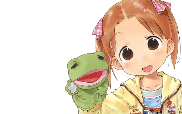 HD desktop wallpaper featuring a character from the anime Ichigo Mashimaro (Strawberry Marshmallow), a girl with brown hair in pigtails holding a green frog puppet, set against a white background.