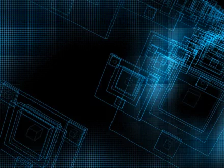 HD desktop wallpaper featuring an abstract blue pattern with geometric squares and lines on a dark background.