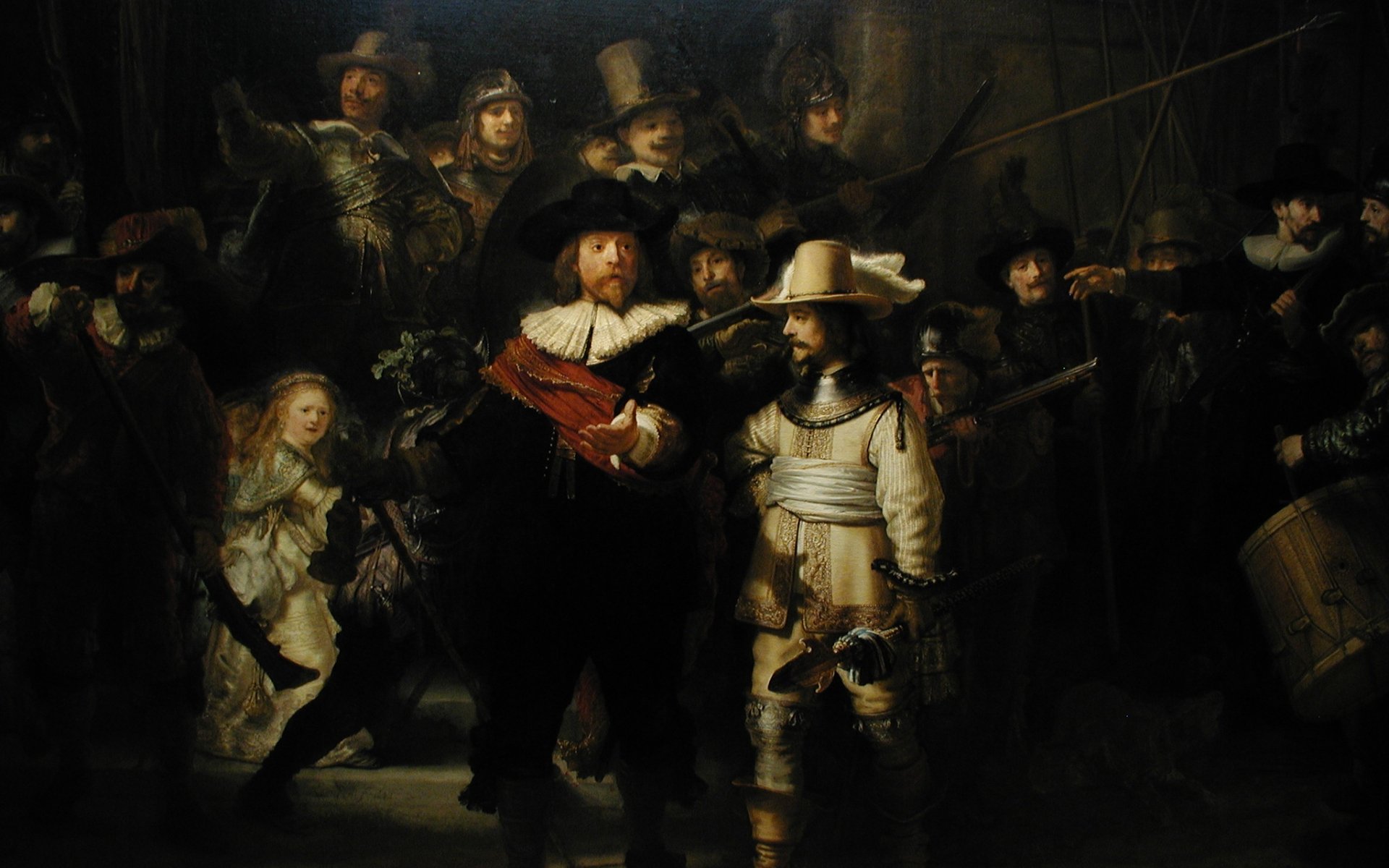 A dramatic depiction of a group of historical figures in rich detail and deep shadows, serving as an artistic HD PC desktop wallpaper and background.