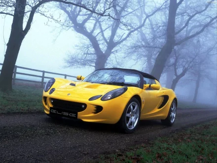 HD desktop wallpaper featuring a vibrant yellow Lotus sports car on a misty, tree-lined road.