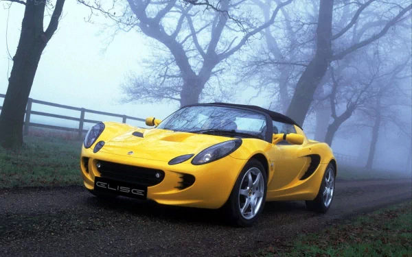 HD desktop wallpaper featuring a vibrant yellow Lotus sports car on a misty, tree-lined road.