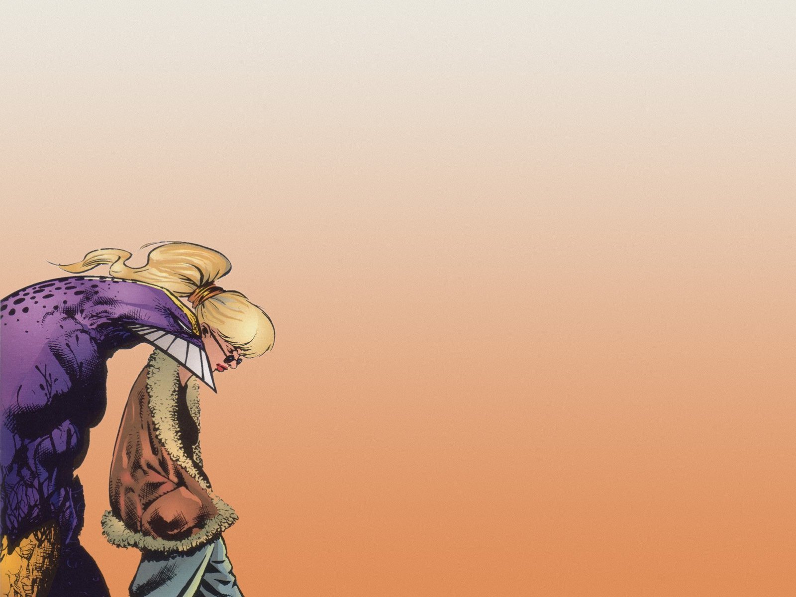 Comic The Maxx HD PC desktop wallpaper: hunched purple-coated figure with blonde hair set against a warm orange gradient background.