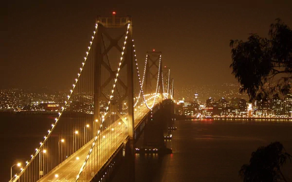 Night view of the illuminated Bay Bridge in San Francisco, showcasing man-made architecture with city lights glowing in the background, captured in HD quality.