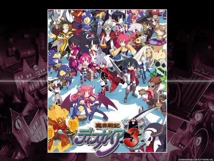 HD PC desktop wallpaper featuring vibrant characters from the video game Disgaea 3: Absence of Justice in a dynamic group pose.