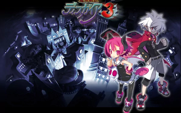HD PC desktop wallpaper featuring Mao from the video game Disgaea 3: Absence of Justice with a dark, stylized cityscape background.