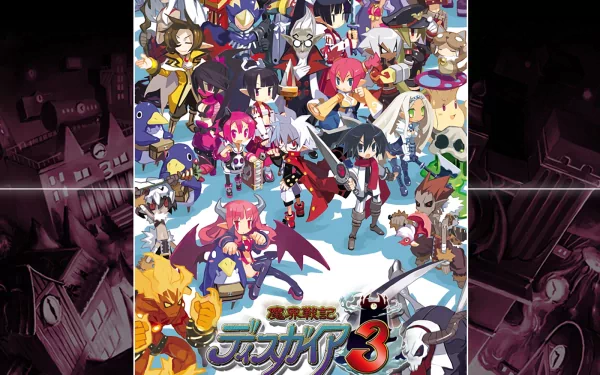 HD PC desktop wallpaper featuring vibrant characters from the video game Disgaea 3: Absence of Justice in a dynamic group pose.