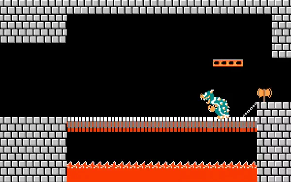 HD desktop wallpaper featuring Bowser from the Super Mario Bros. video game, poised dramatically in a classic platforming environment with lava and brick obstacles.