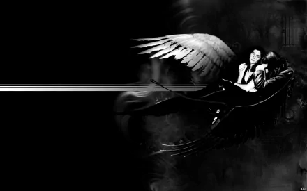HD desktop wallpaper showing a dark-themed angel with wings, resting in a mysterious, shadowy environment on a black background.