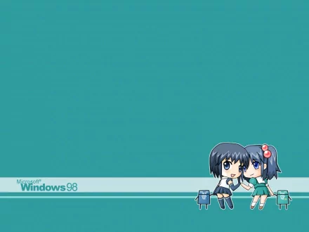 HD PC desktop wallpaper featuring a Windows 98 theme with two chibi-style anime characters on a teal background, blending technology and nostalgic design.
