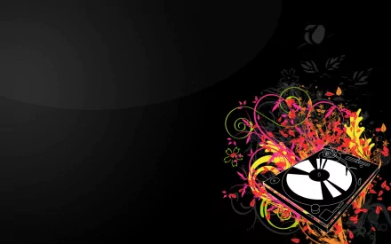 A vibrant HD wallpaper featuring a stylized record player surrounded by colorful floral swirls, set against a dark background, capturing the essence of music.
