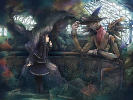 HD wallpaper featuring an anime girl in a dark outfit interacting with a large, whimsical wooden creature in a greenhouse with vibrant foliage.