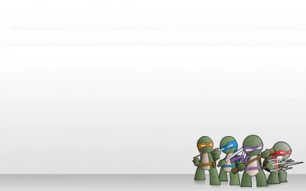 HD desktop wallpaper featuring comic-style Teenage Mutant Ninja Turtles, with the four turtles standing together on the right side of a light, minimalist background.