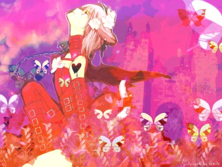 A vibrant HD wallpaper featuring a character from the anime Loveless, surrounded by colorful butterflies and bold pink hues, capturing the dynamic essence of the series.