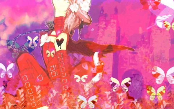 A vibrant HD wallpaper featuring a character from the anime Loveless, surrounded by colorful butterflies and bold pink hues, capturing the dynamic essence of the series.
