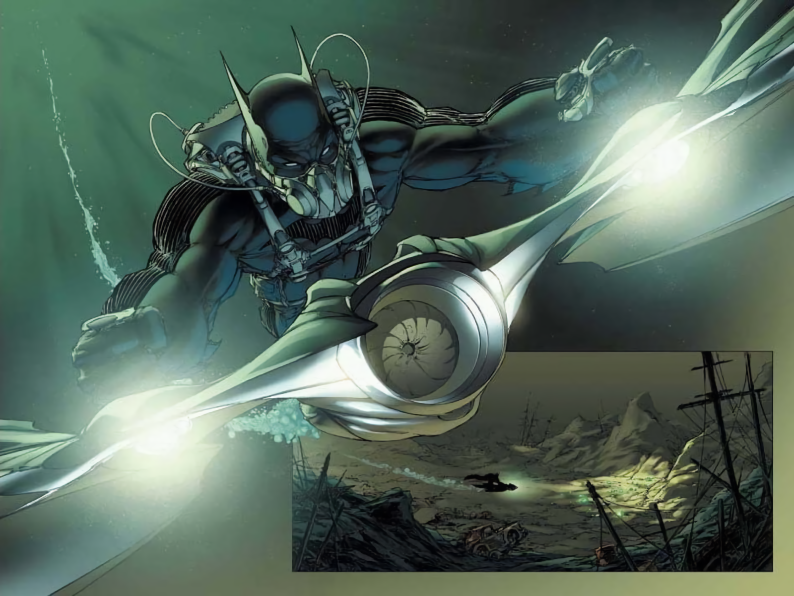 HD comic-style Batman wallpaper showing the Dark Knight in an intense action pose with a futuristic grappling hook against a dark, moody cityscape background.