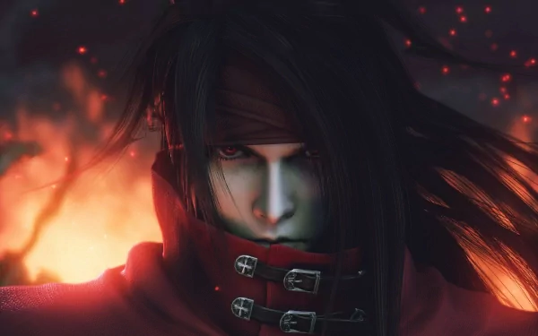 HD desktop wallpaper featuring Vincent Valentine from the video game Dirge of Cerberus: Final Fantasy VII. The image showcases his intense gaze against a fiery background.