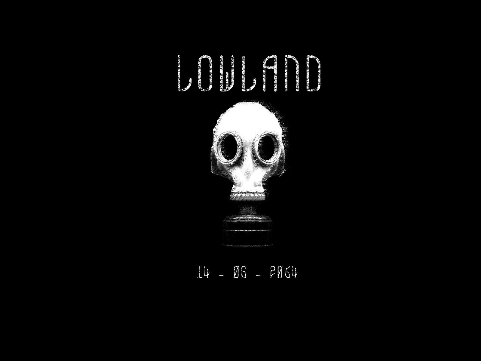 HD PC desktop wallpaper featuring a stark military gas mask design with the word LOWLAND above it in a bold, minimalist style.