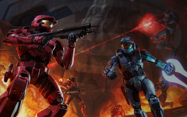HD desktop wallpaper featuring a dynamic battle scene from the video game Halo 3, with armored soldiers in red and blue combat gear engaging in intense combat with futuristic weapons against a fiery background.