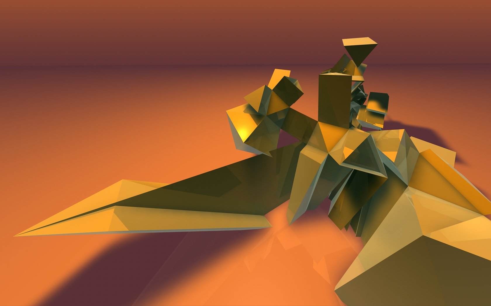 HD PC desktop wallpaper featuring a 3D CGI abstract geometric composition with gold tones and artistic lighting on a warm gradient background.