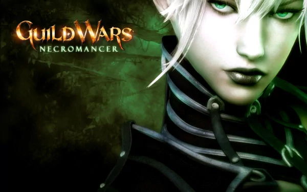 A striking HD wallpaper featuring a Necromancer from Guild Wars, showcasing intense green tones and a captivating character design.