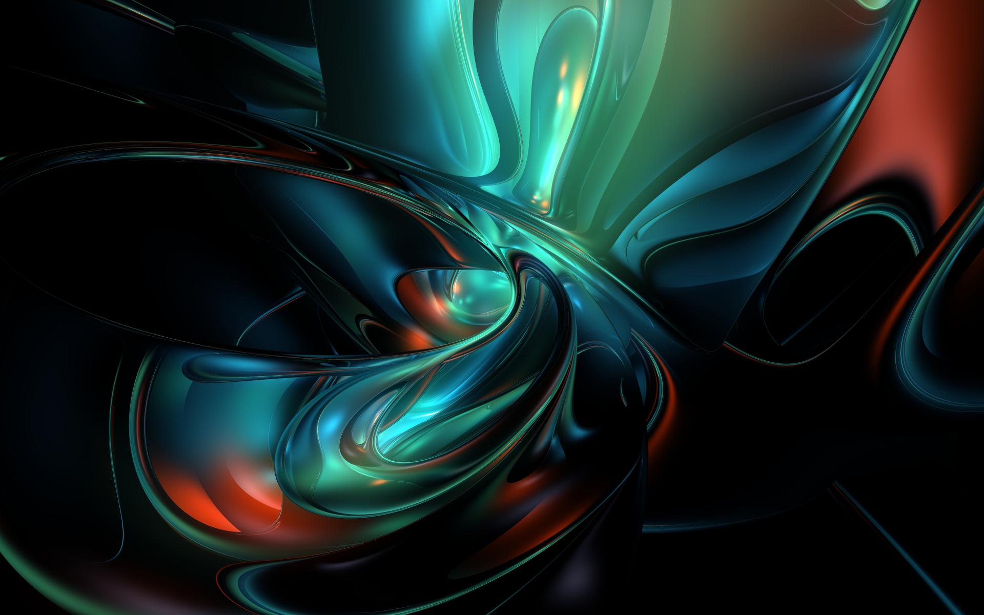 An abstract HD desktop wallpaper with a dynamic swirl of shapes and cool colors, blending greens, blues, and hints of red and orange.