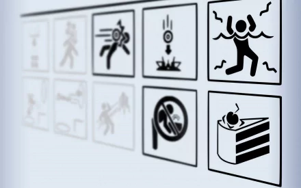 A humorous take on warning signs from the Portal video game, featuring icons like running, falling, and enjoying cake, set against a sleek HD wallpaper background.