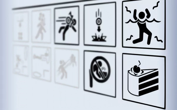 A humorous take on warning signs from the Portal video game, featuring icons like running, falling, and enjoying cake, set against a sleek HD wallpaper background.