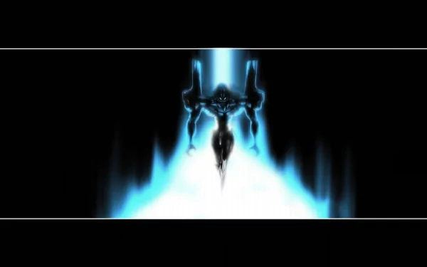 HD wallpaper featuring Evangelion Unit-01 from the anime Neon Genesis Evangelion, illuminated with a blue glow against a dark backdrop.