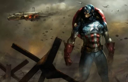 HD wallpaper featuring Captain America standing resolutely on a battlefield amidst a dramatic, smoky sky with warplanes flying overhead and explosions in the background.
