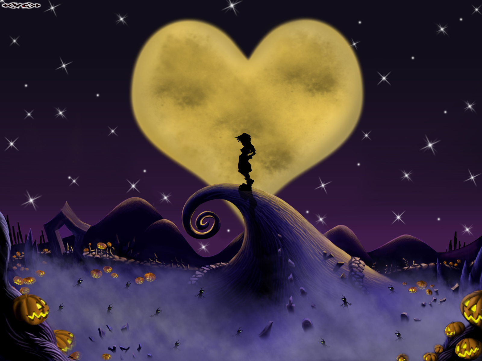 Sora (Kingdom Hearts) character in The Nightmare Before Christmas-themed HD desktop wallpaper.