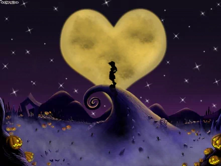 A striking HD wallpaper featuring Sora from Kingdom Hearts standing against a haunting landscape inspired by The Nightmare Before Christmas, with a large heart-shaped moon in the background.