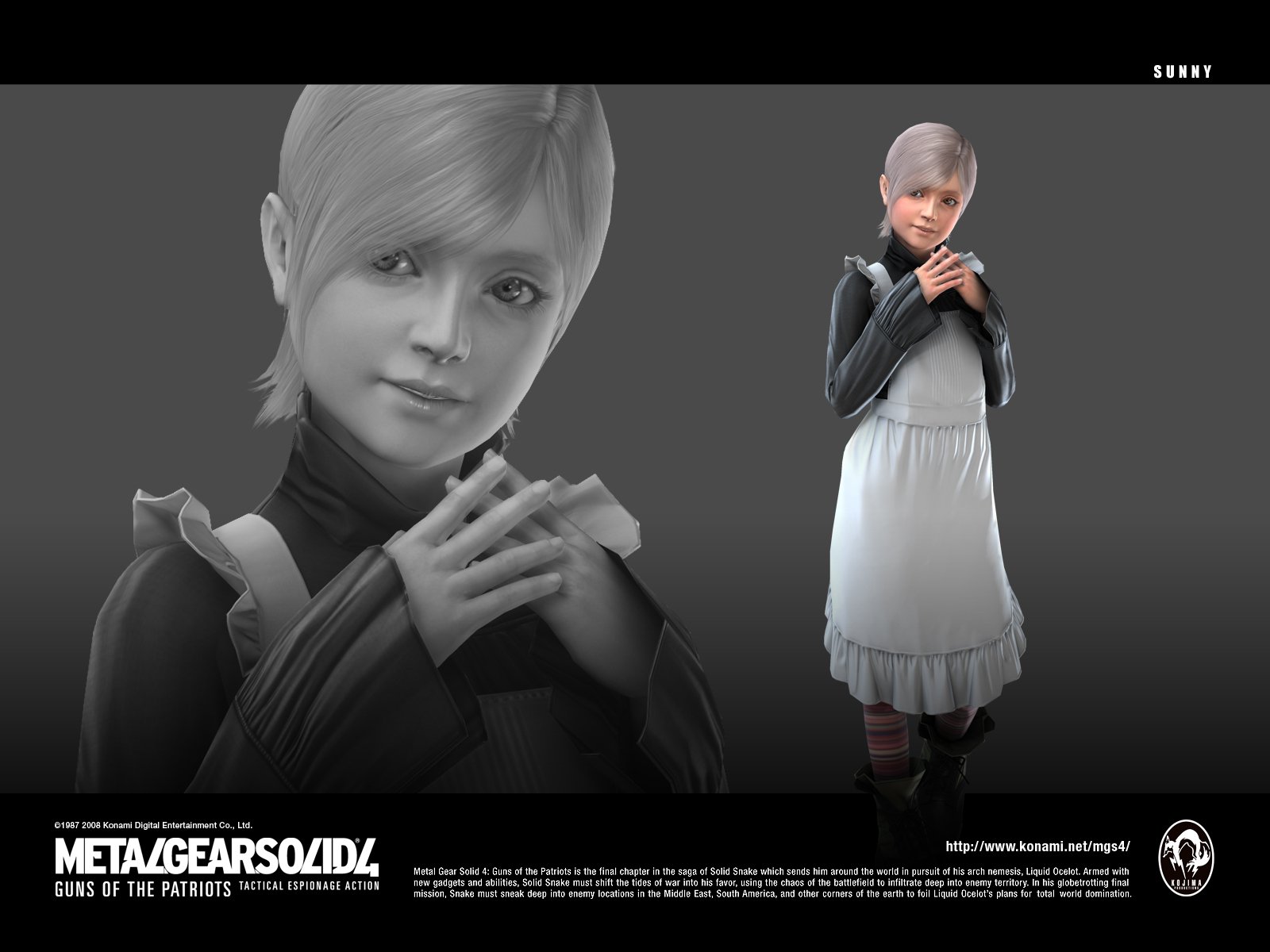 HD PC desktop wallpaper featuring a character from the Metal Gear video game series against a gray background, highlighting detailed 3D character design.