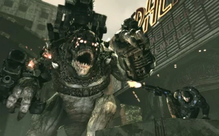 A fierce battle scene from Gears of War, featuring a massive creature charging at a soldier, set in a gritty urban environment. High-definition wallpaper for PC desktops.