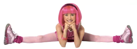 An HD desktop wallpaper featuring a character from the TV show LazyTown, showcasing a girl with a pink bob hairstyle, dressed in a pink outfit, smiling while performing a split.