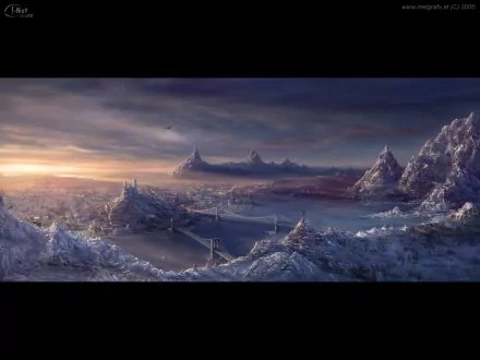 A stunning HD desktop wallpaper of a sci-fi city nestled in a snowy landscape with towering futuristic structures and mountains in the background. The sky glows with warm, otherworldly hues.