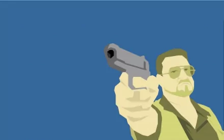 HD PC desktop wallpaper featuring a minimalist illustration of a character from the movie The Big Lebowski pointing a gun against a solid blue background.