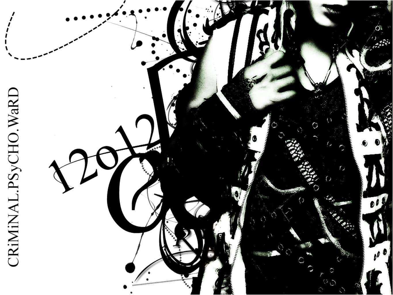HD PC desktop wallpaper featuring a monochrome abstract design with dynamic black and white elements and partially visible text CRIMINAL.PSYCHO.WARD.